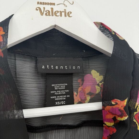 Attention Black Multi Floral Sheer Button Blouse Top Bow Tie Size XS - Picture 5 of 8